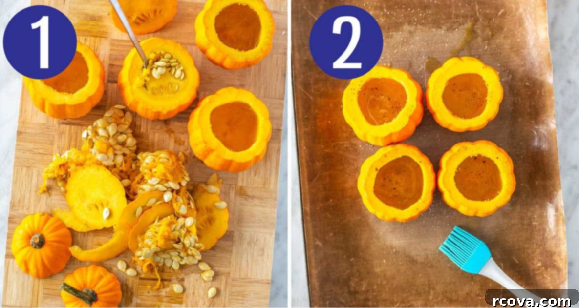 Unutulmaz Balkabağı Dolması Tarifi 5 Step-by-step photos for making stuffed pumpkins, showing mini pumpkins sliced open and seeds removed, followed by roasting on a baking sheet.