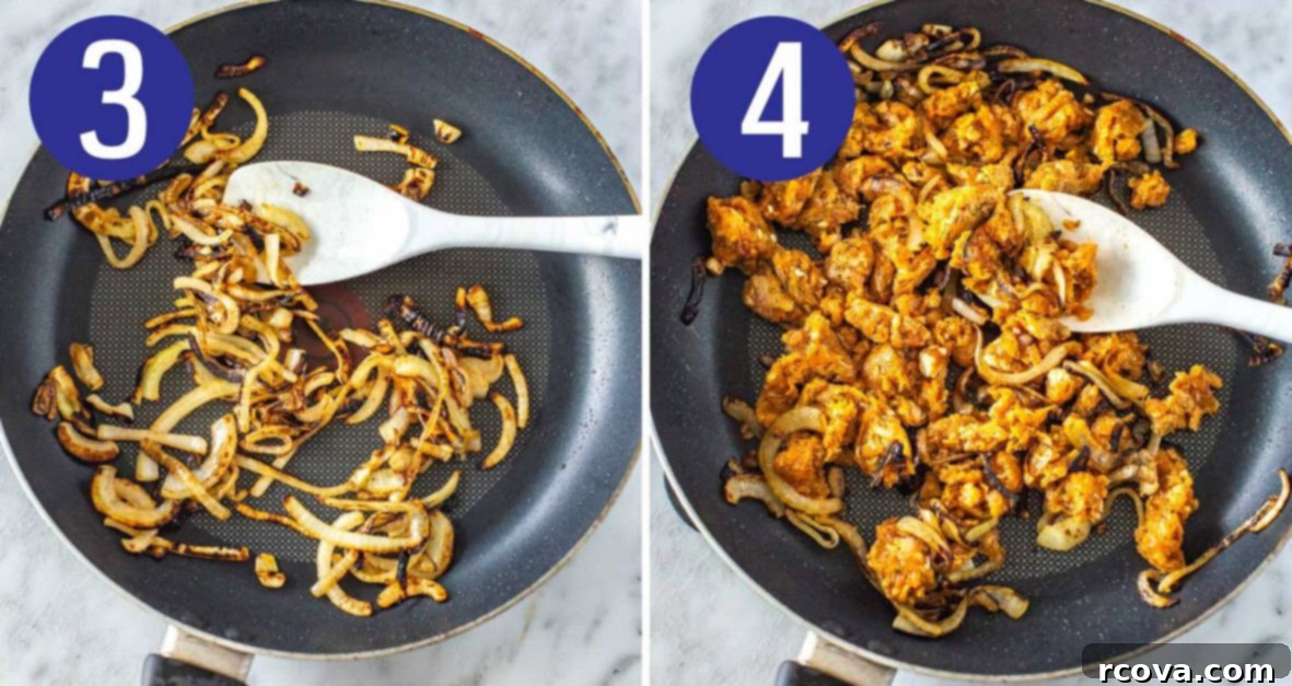 Unutulmaz Balkabağı Dolması Tarifi 6 Step-by-step photos for making stuffed pumpkins, showing chopped onion and garlic sautéing in a skillet, followed by ground turkey cooking with spices.