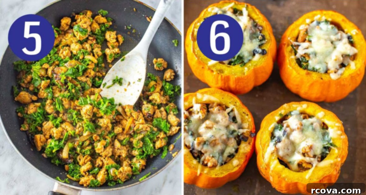 Unutulmaz Balkabağı Dolması Tarifi 7 Step-by-step photos for making stuffed pumpkins, showing kale and white wine being stirred into the turkey sausage mixture, followed by the mixture being spooned into roasted mini pumpkins and topped with cheese.