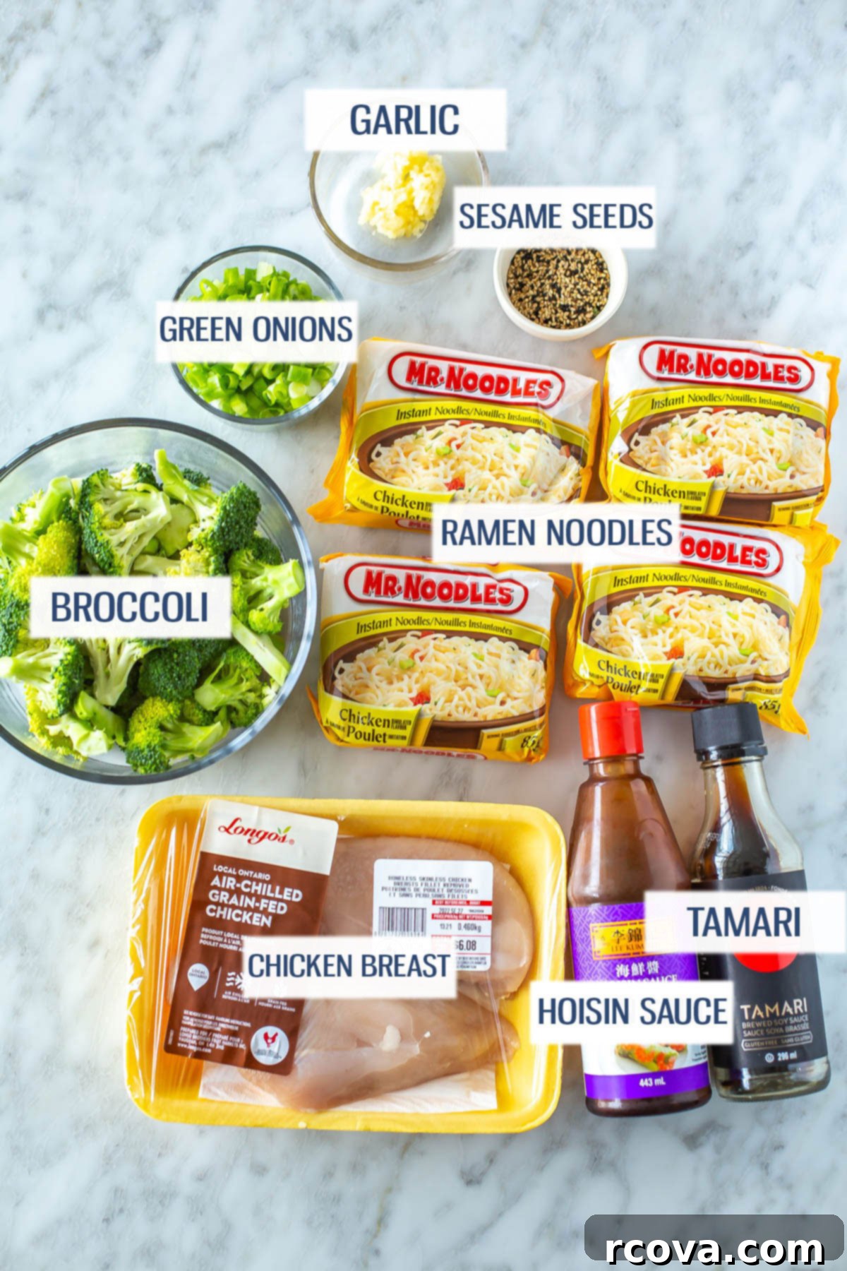 Effortless 30-Minute Chicken Ramen Stir Fry 4 Ingredients for chicken ramen stir fry: ramen noodles, garlic, sesame seeds, green onions, broccoli, chicken, hoisIn sauce and tamari laid out on a table.