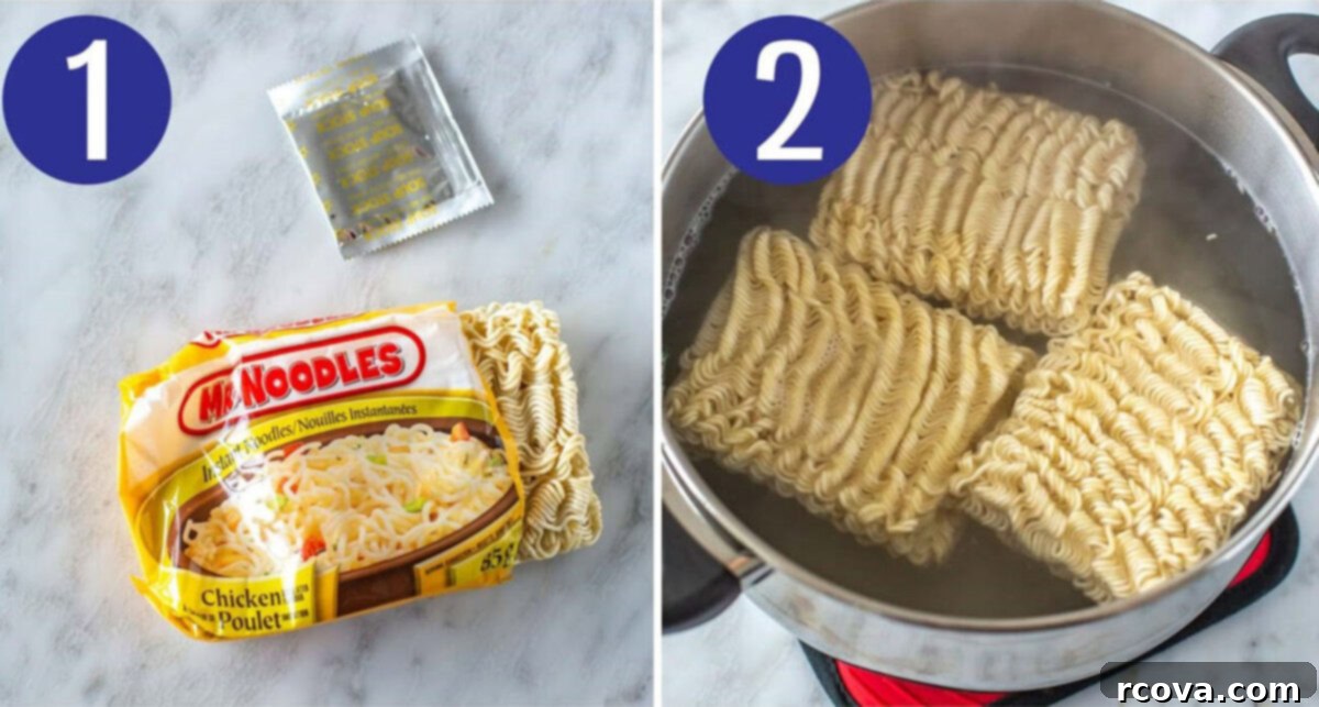 Effortless 30-Minute Chicken Ramen Stir Fry 5 Steps 1 and 2 for making chicken ramen stir fry: Discard seasoning packets and boil noodles in a large pot.