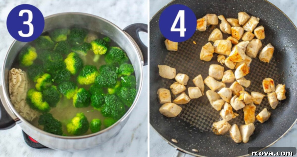 Effortless 30-Minute Chicken Ramen Stir Fry 6 Steps 3 and 4 for making chicken ramen stir fry: Add broccoli to the noodles and cook chicken in a skillet.