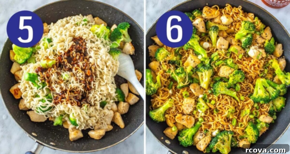 Effortless 30-Minute Chicken Ramen Stir Fry 7 Steps 5 and 6 for making chicken ramen stir fry: Toss all ingredients together in a skillet and serve in bowls.