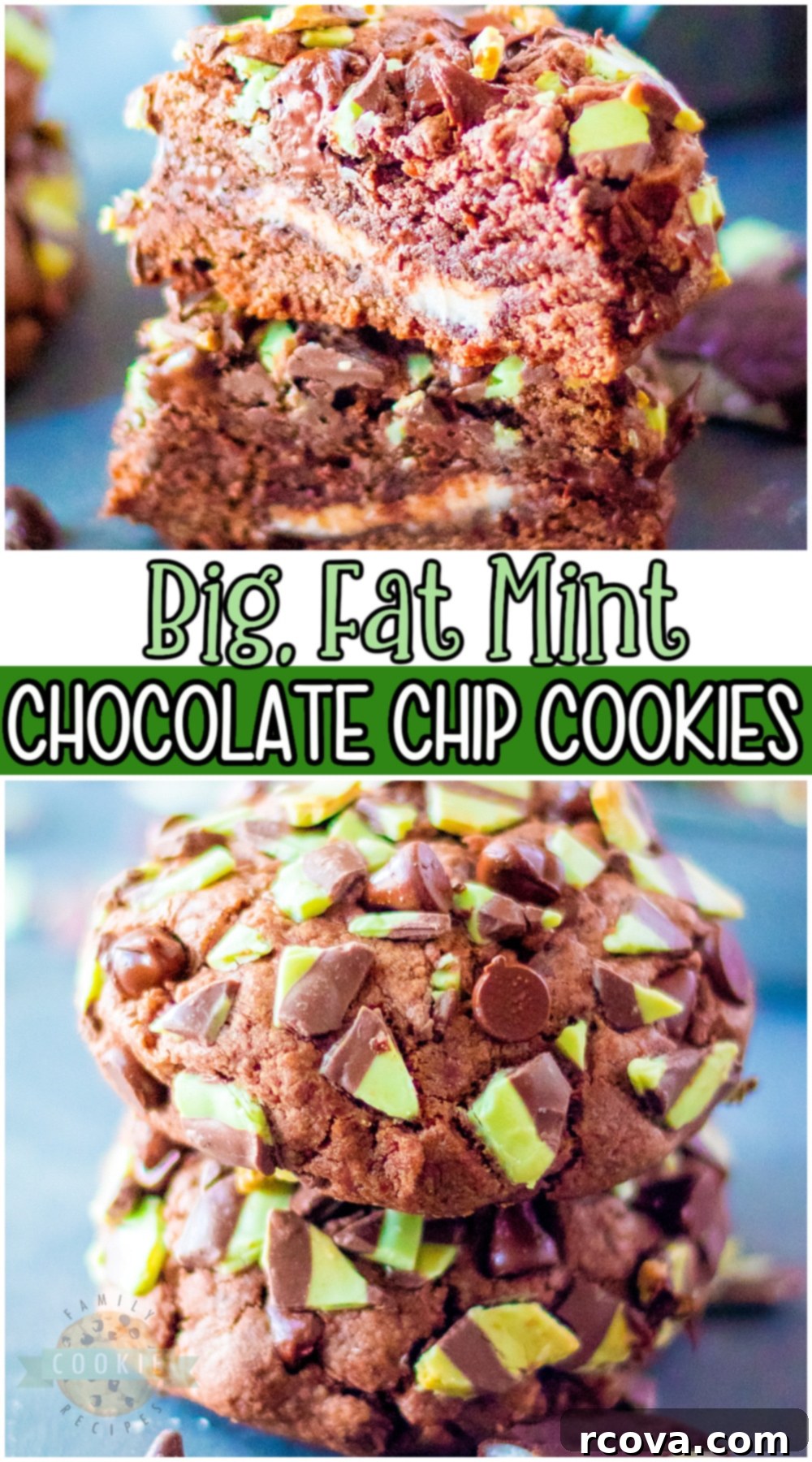 Giant Chewy Mint Chocolate Chip Cookies 11 A large, vibrant pin image for Big, Fat Mint Chocolate Chip Cookies recipe, showcasing the finished cookies and key ingredients.