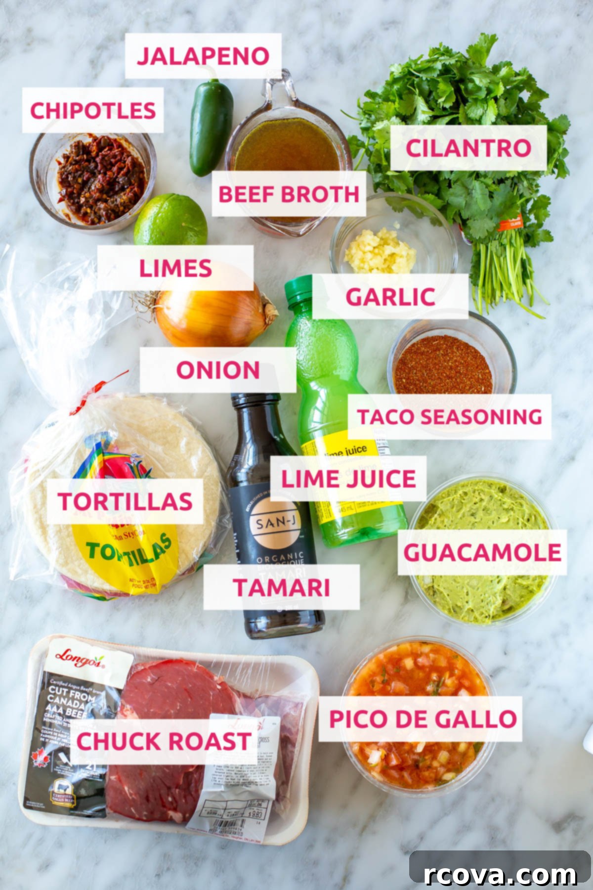 Crockpot Stovetop or Instant Pot Shredded Beef Tacos 4 Ingredients for shredded beef taco: chuck roast, pico de gallo, guacamole, tortillas, tamari, lime juice, taco seasoning, cilantro, garlic, chipotles, beef broth, jalapeno, limes and onion.