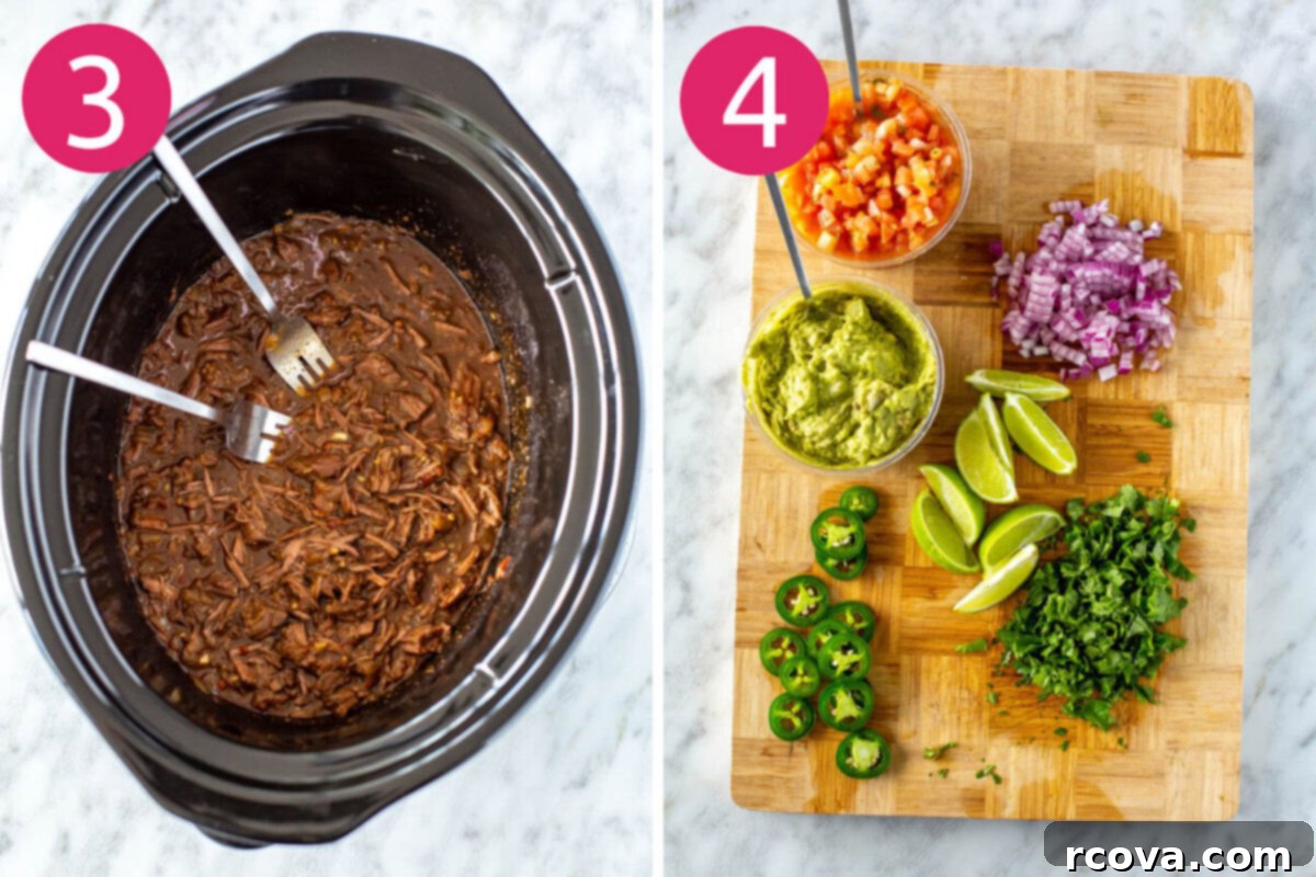 Crockpot Stovetop or Instant Pot Shredded Beef Tacos 6 Steps 3 and 4 for making shredded beef tacos: shred beef and assemble toppings.