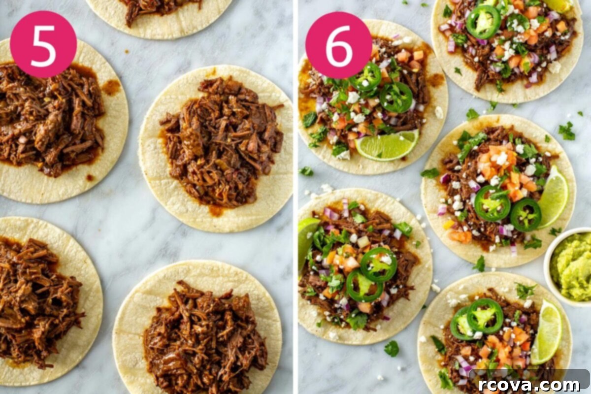 Crockpot Stovetop or Instant Pot Shredded Beef Tacos 7 Steps 5 and 6 for making shredded beef tacos: Add beef to tortillas then add the rest of your taco toppings.