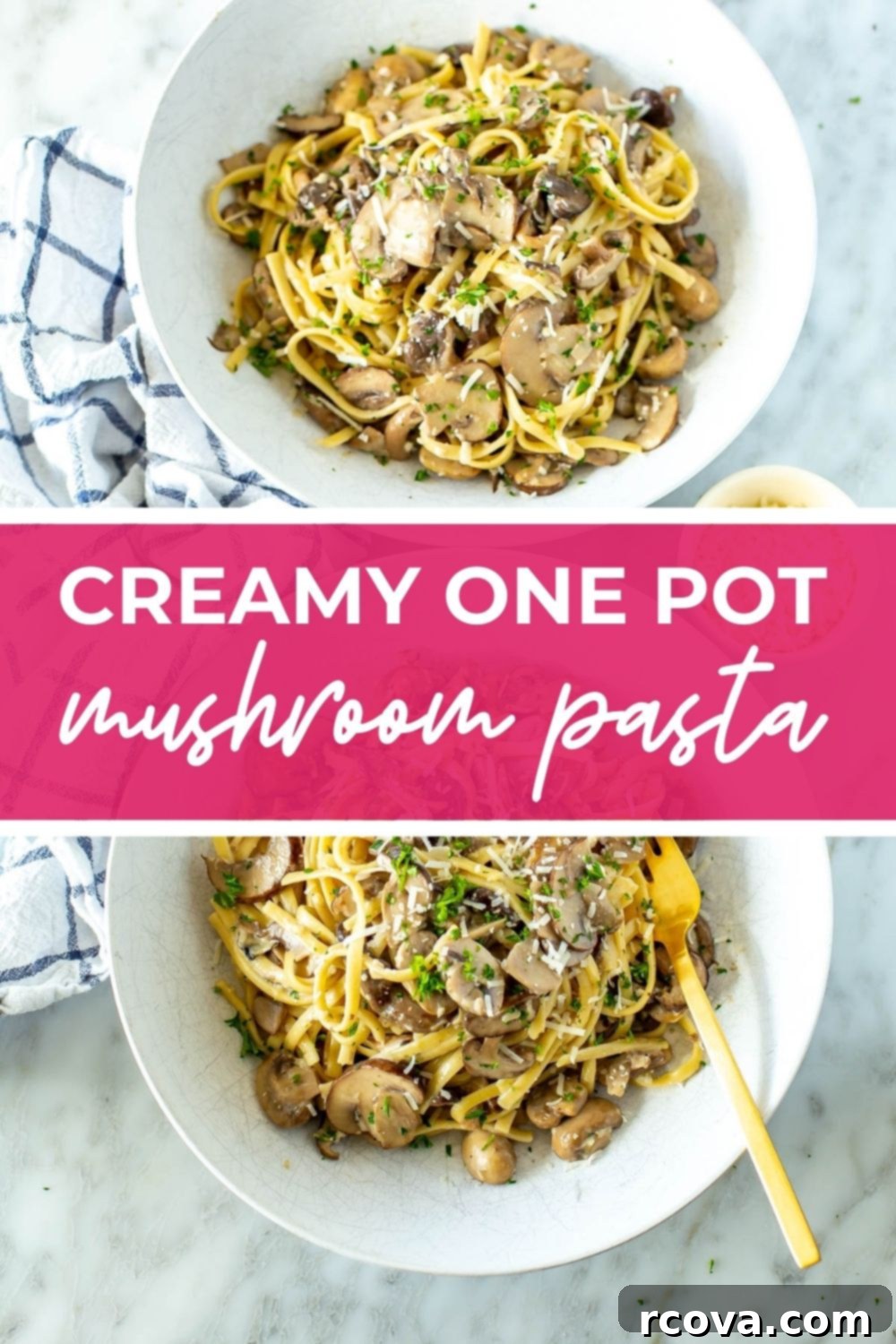 Velvety One-Pot Mushroom Pasta 11 Overhead shot of creamy mushroom pasta, with stylized text that says 'Creamy One Pot Mushroom Pasta' overlaid on the image.