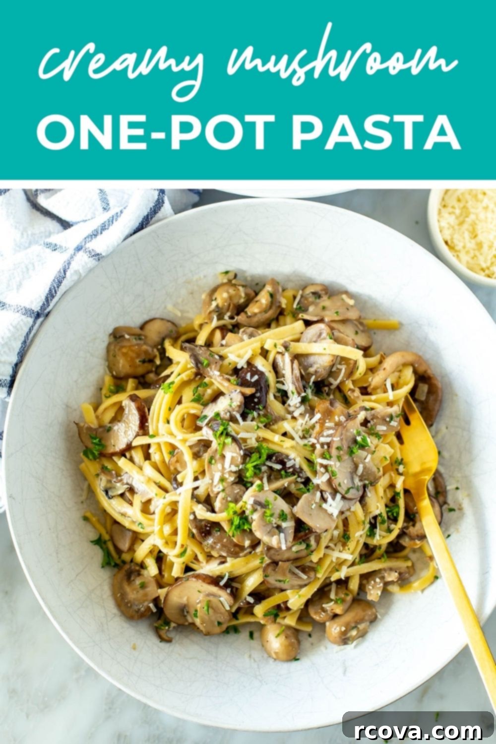 Velvety One-Pot Mushroom Pasta 12 Overhead shot of creamy mushroom pasta, with stylized text that says 'Creamy Mushroom One-Pot Pasta' overlaid on the image, showcasing the simplicity and deliciousness of the dish.