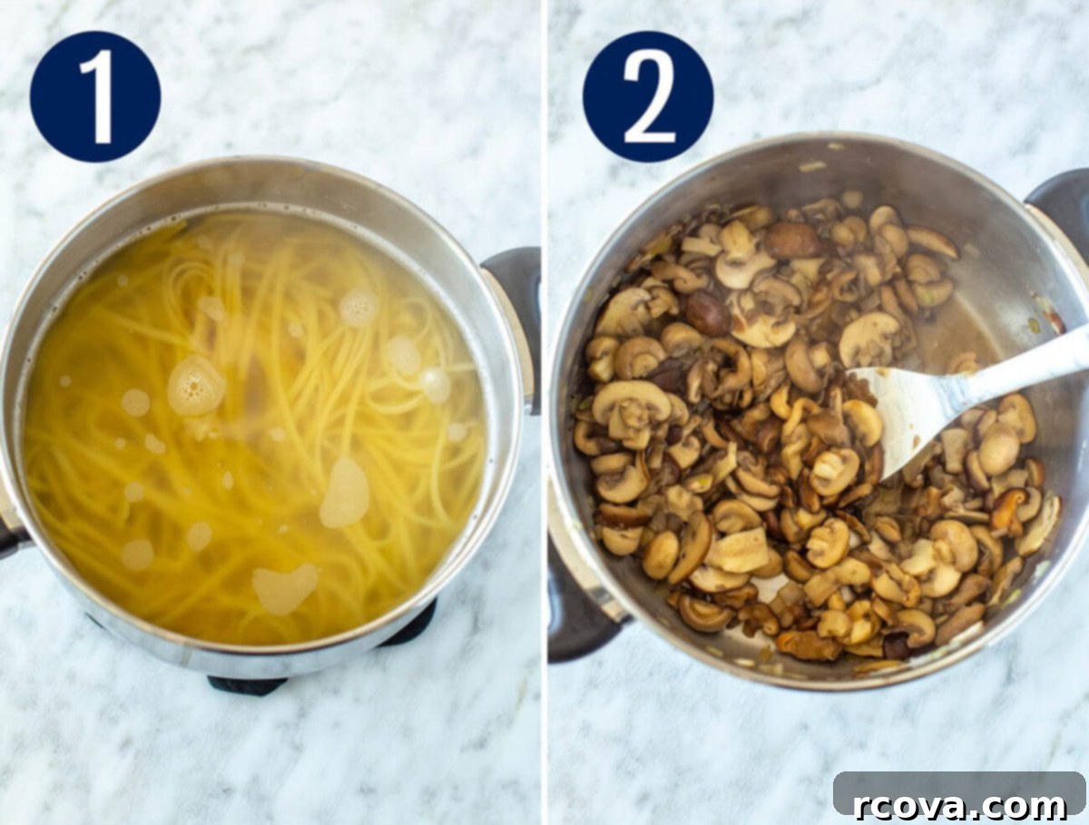 Velvety One-Pot Mushroom Pasta 5 Two side-by-side images illustrating the first two essential steps of making creamy mushroom pasta: one showing dry linguine pasta being added to a large pot of boiling water, and the other showing a colorful mix of sliced mushrooms sizzling and browning in butter within a cooking pot.