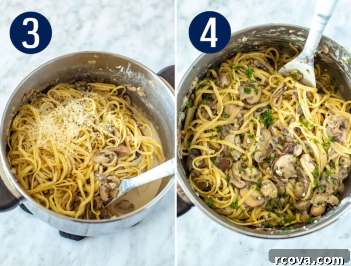 Velvety One-Pot Mushroom Pasta 6 Two side-by-side images showing the final steps for making creamy mushroom pasta: one illustrating cream, milk, and parmesan cheese being stirred into the fragrant sautéed mushrooms and shallots in a pot, and the other depicting the cooked pasta being thoroughly tossed with the luscious creamy mushroom sauce in the same pot, creating a harmonious and appetizing dish ready to serve.