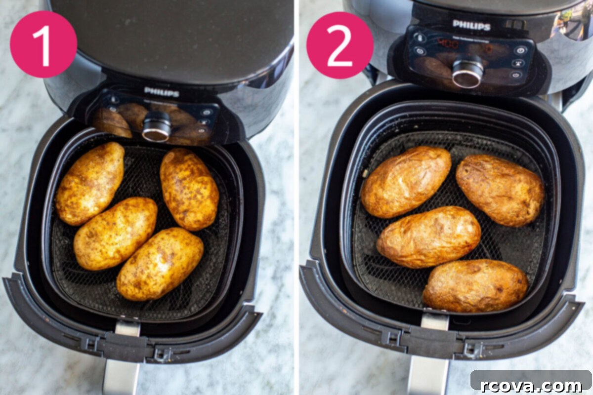 The Ultimate Fully Loaded Air Fryer Baked Potato 5 Steps 1 and 2 for making air fryer baked potatoes: first, potatoes in the air fryer basket seasoned with salt; second, flipped potatoes continuing to cook.