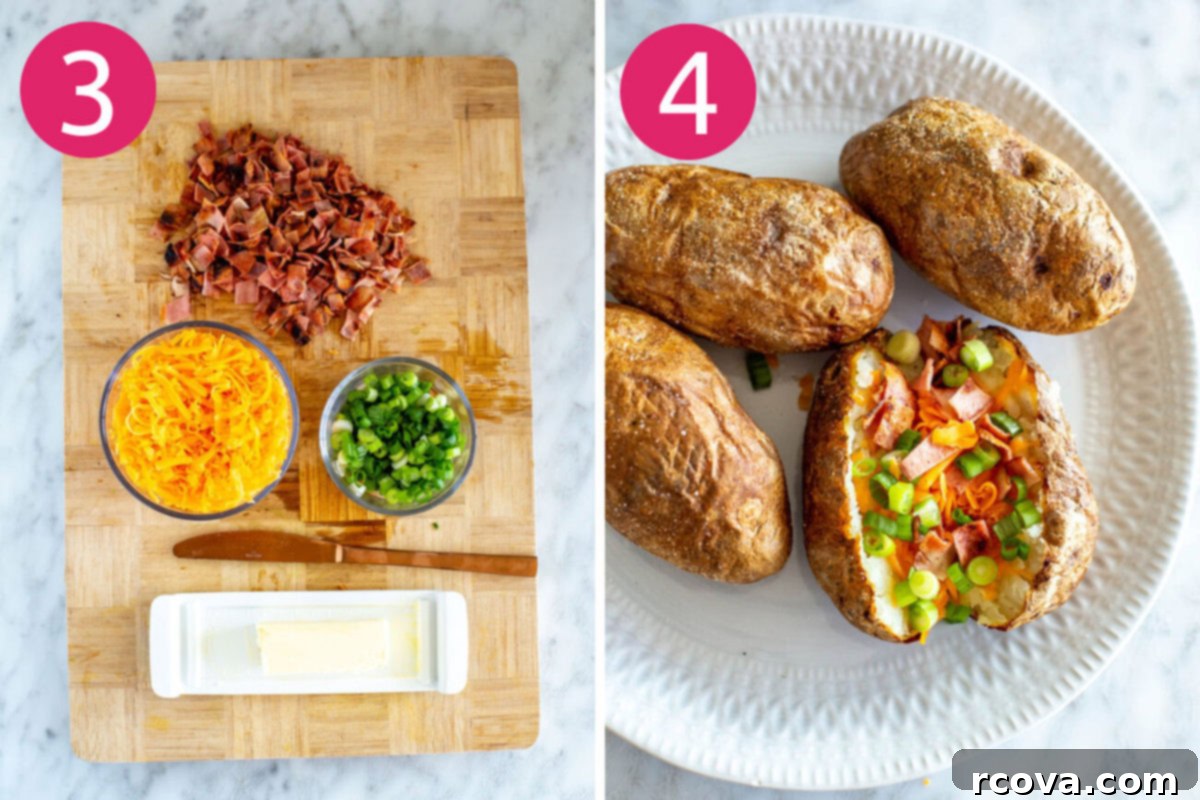 The Ultimate Fully Loaded Air Fryer Baked Potato 6 Steps 3 and 4 for making air fryer baked potatoes: first, prep toppings; second, fully loaded potatoes with butter, cheese, bacon, and green onions.