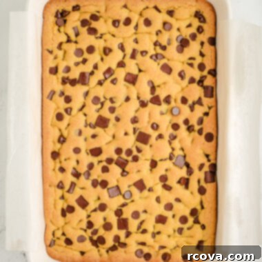 Golden Cake Mix Cookie Bar Delights 5 Close-up of freshly baked yellow cake mix cookie bars in a rectangular baking dish, garnished with melted chocolate chips and golden brown edges.