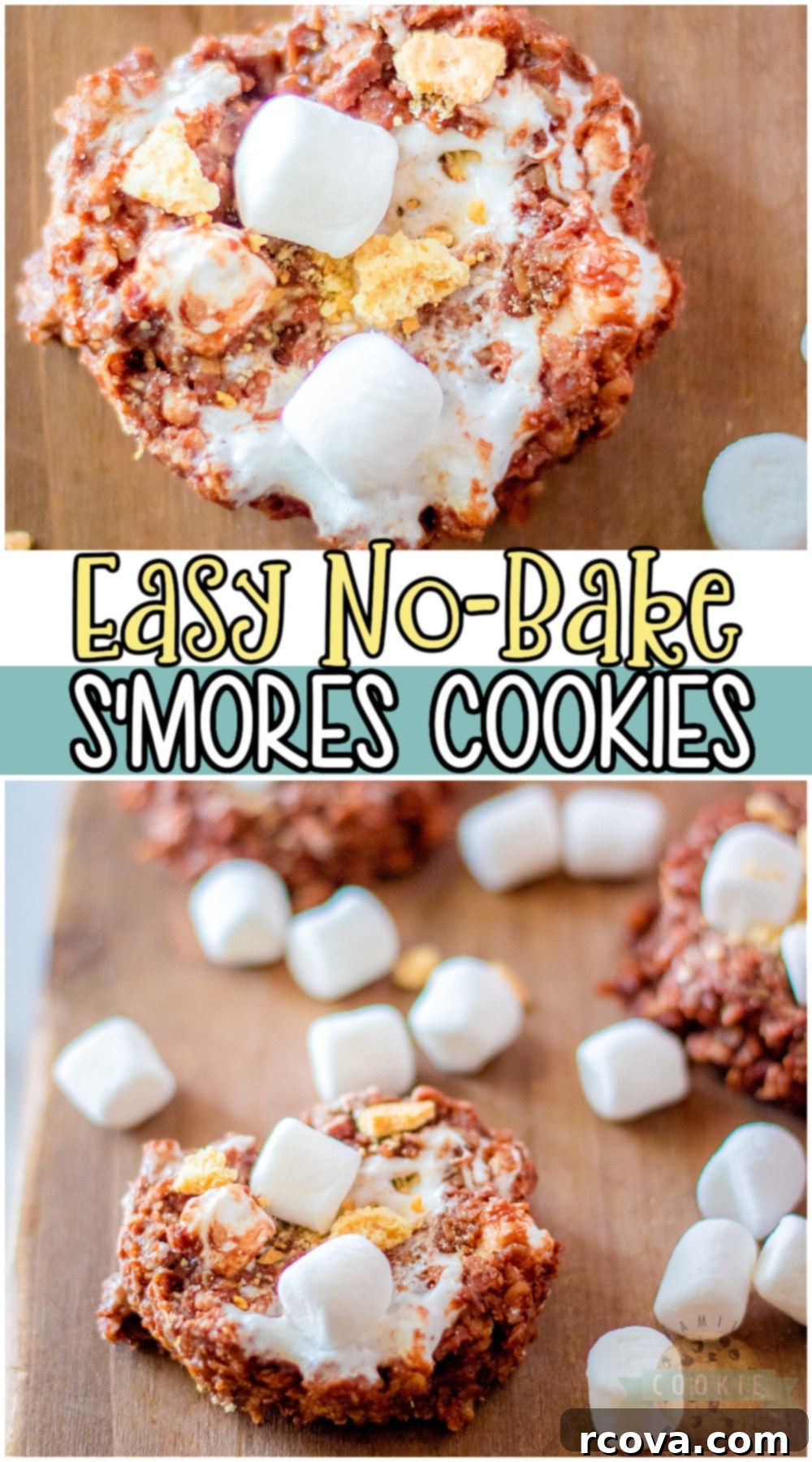 Campfire-Free S'mores Cookies 11 A Pinterest-optimized image featuring No-Bake S'mores Cookies with text overlay promoting the recipe, including oats, peanut butter, marshmallows, and graham crackers.
