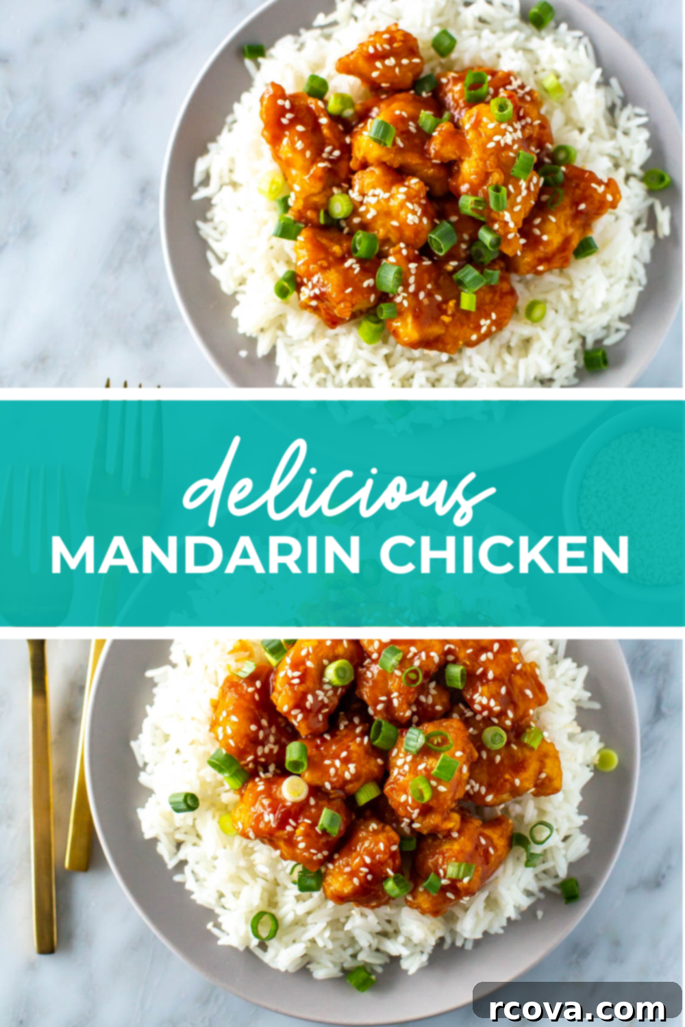 Quick Mandarin Chicken Delight 12 overhead shot of plated dish with green banner in the middle - reading "delicious mandarin chicken"