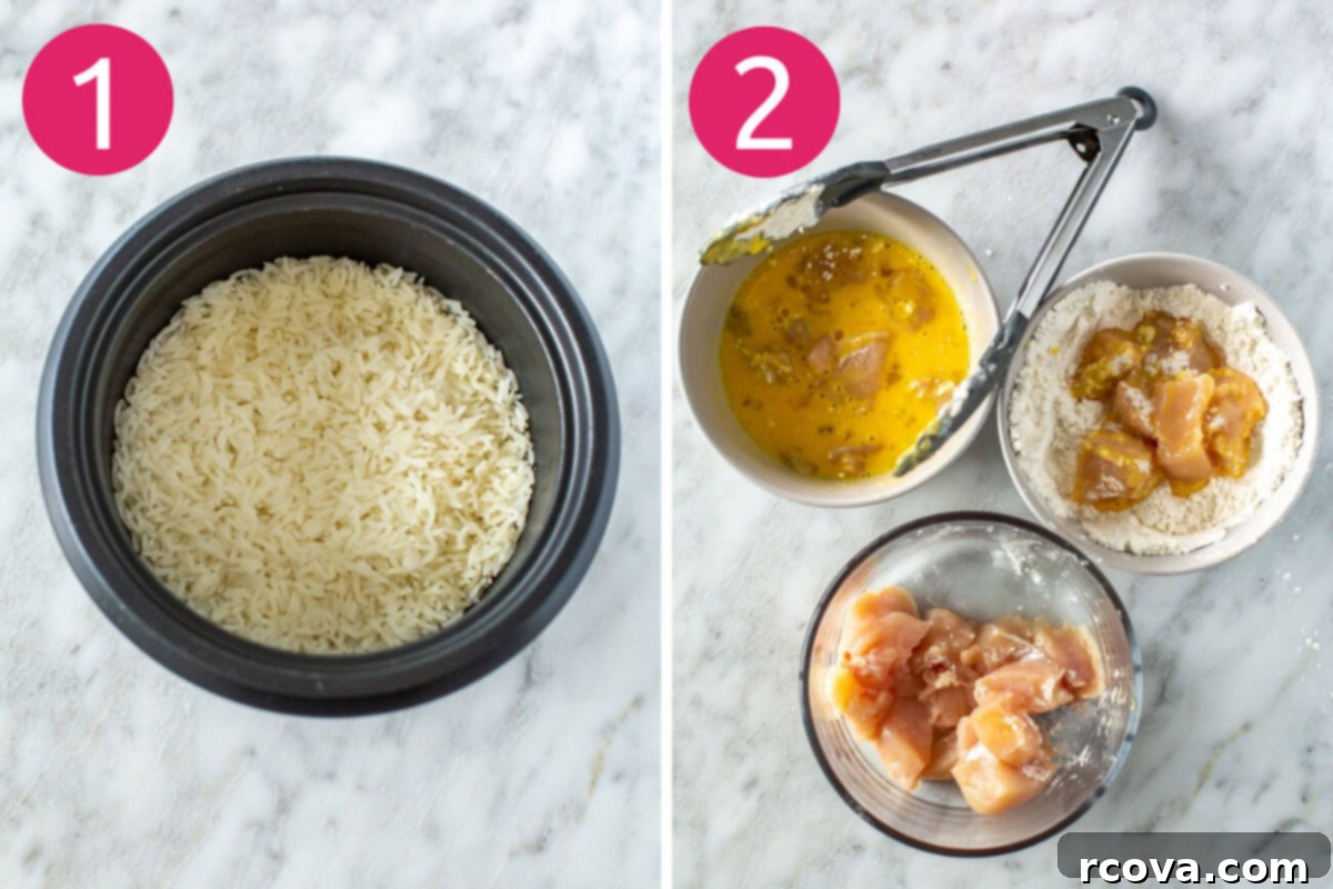 Quick Mandarin Chicken Delight 5 A collage showing two initial steps for making Mandarin chicken: first, a pot of rice cooking on the stove, and second, diced chicken being coated in a dry flour mixture.