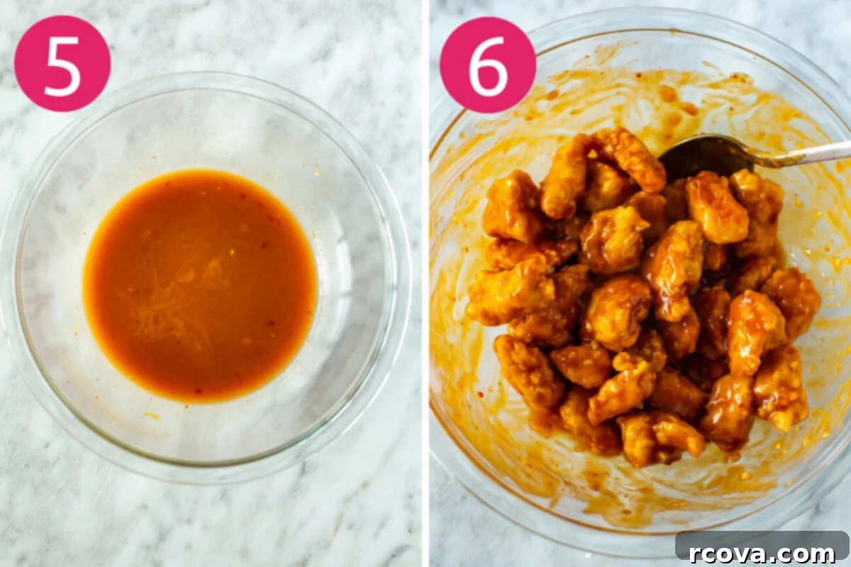 Quick Mandarin Chicken Delight 7 A collage depicting the final steps for Mandarin chicken: first, ingredients for the zesty Mandarin sauce being mixed in a bowl, and second, cooked crispy chicken tossed in the glossy orange sauce.