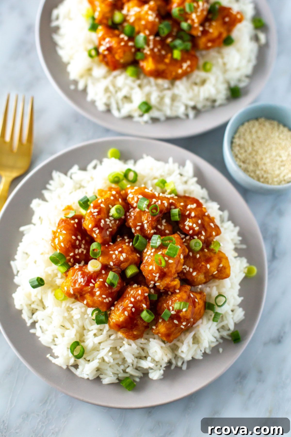 Quick Mandarin Chicken Delight 8 A close-up shot of a single plate of crispy Mandarin chicken, beautifully glazed in sauce, resting on a bed of fluffy white rice, adorned with fresh green onions and sesame seeds.