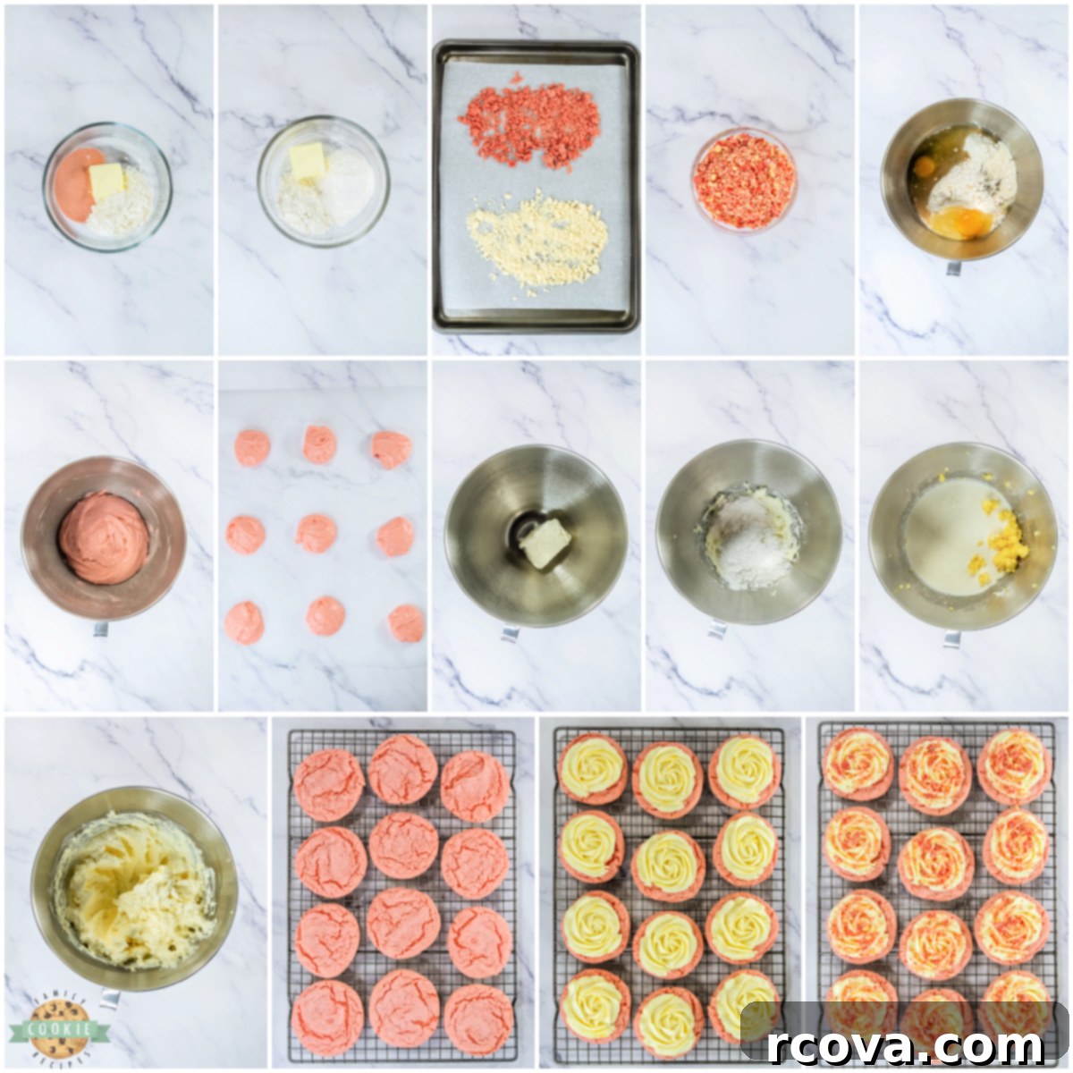 Bakery Style Strawberry Shortcake Cookies 4 Step-by-step photos illustrating how to bake delicious Copycat Crumbl Strawberry Shortcake Cookies, from mixing dough to decorating.