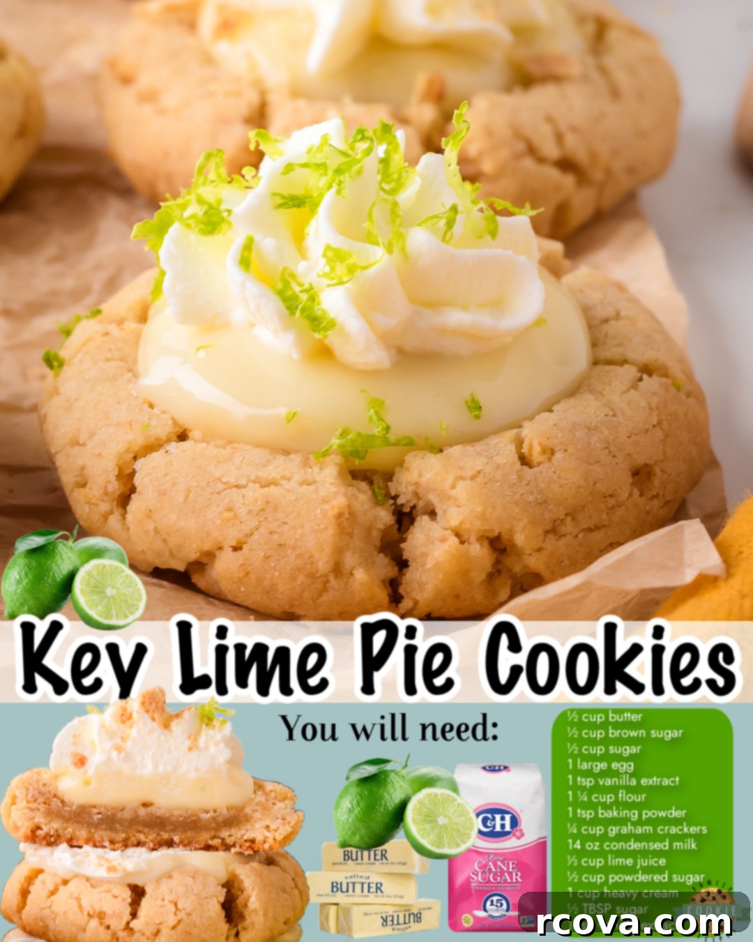 Tangy Key Lime Delights 7 Key Lime Cookies are buttery sugar cookies topped with a creamy key lime filling and freshly whipped cream, a portable pie in cookie form.