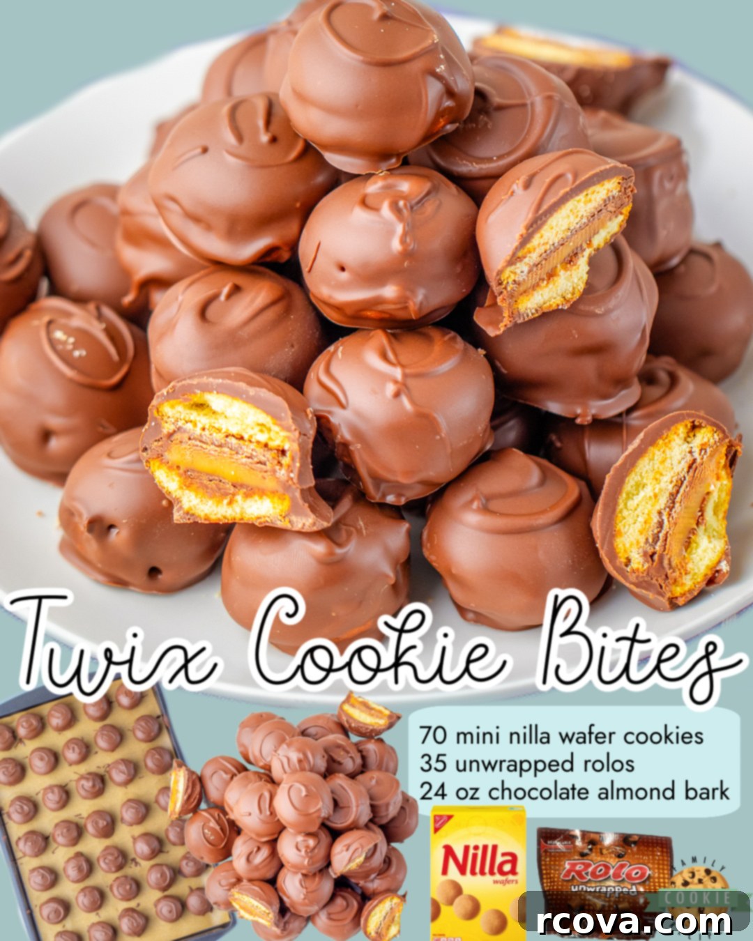 Twix Caramel Cookie Bites 6 Twix Cookie Bites made easy with Nilla wafer cookies, Rolo chocolates and almond bark! No-bake chocolate caramel cookies with classic Twix flavor.
