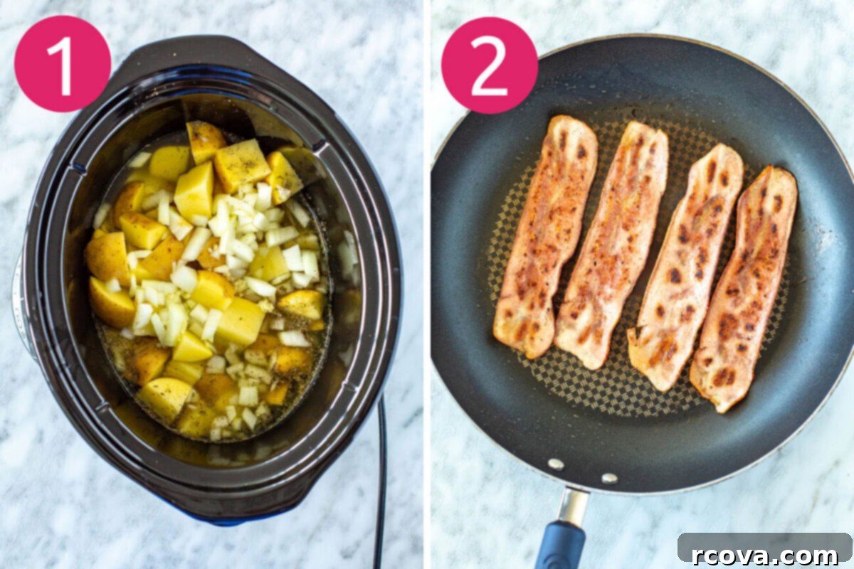 Your New Favorite Slow Cooker Potato Soup 4 Steps 1 and 2 for making crockpot potato soup: first, all raw ingredients are placed in the slow cooker; second, bacon is cooked separately to be used as a topping.