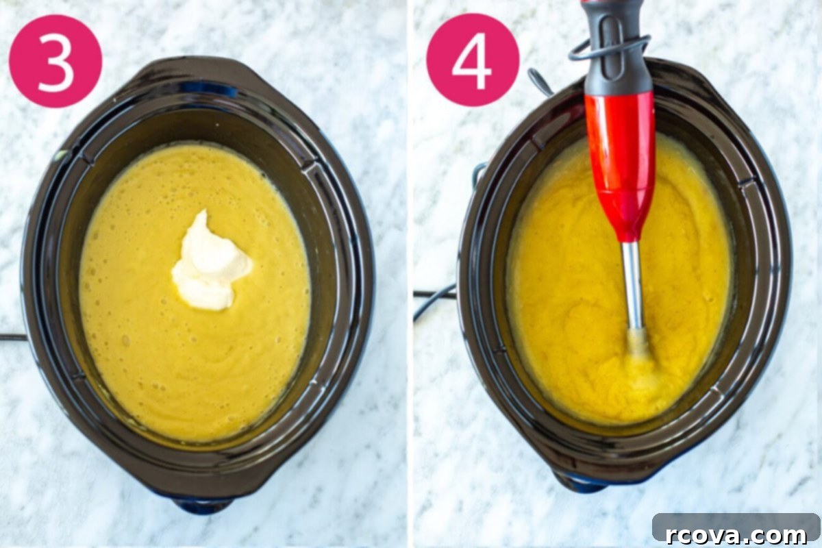 Your New Favorite Slow Cooker Potato Soup 5 Steps 3 and 4 for making crockpot potato soup, showing sour cream being stirred into the cooked soup and then the soup being blended with an immersion blender.