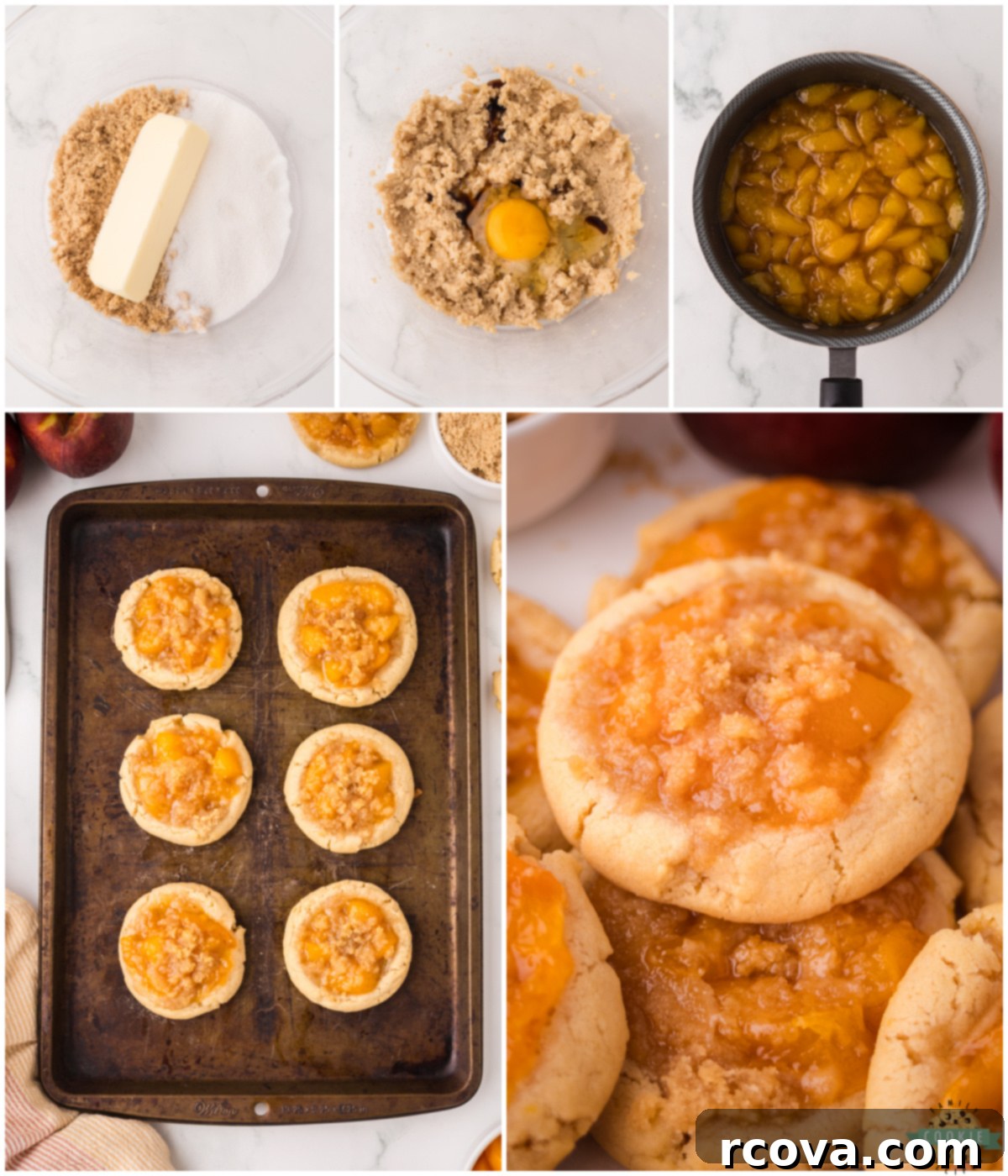Peachy Cobbler Cookies 3 Steps on how to make peach cobbler cookies, showing dough balls and filling