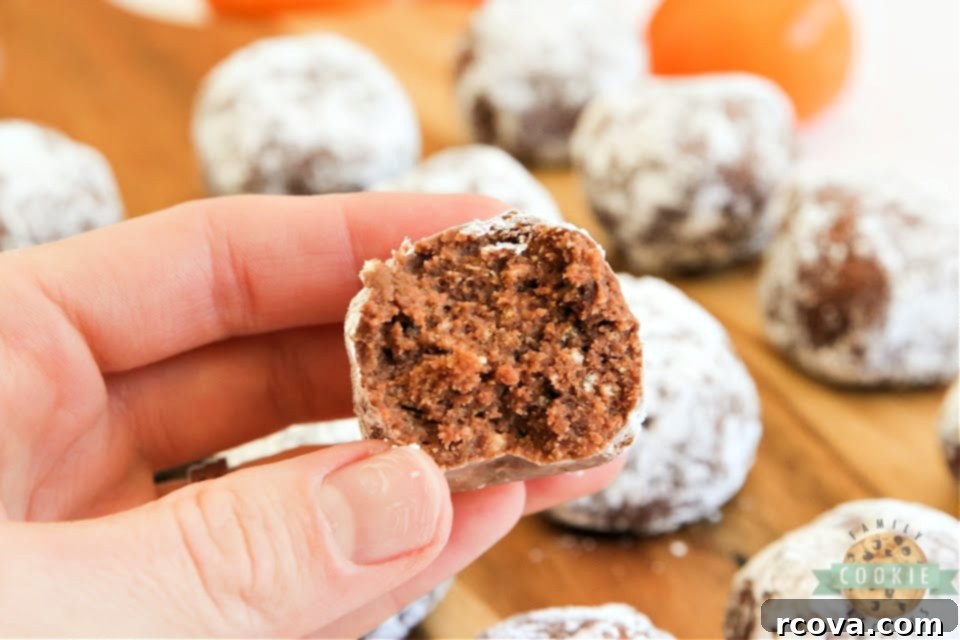 Effortless Chocolate Orange No-Bake Delights 7 A close-up of a stack of Chocolate Orange No Bake Cookies, showcasing their appealing powdered sugar coating and rich texture, perfect for a quick snack or dessert.
