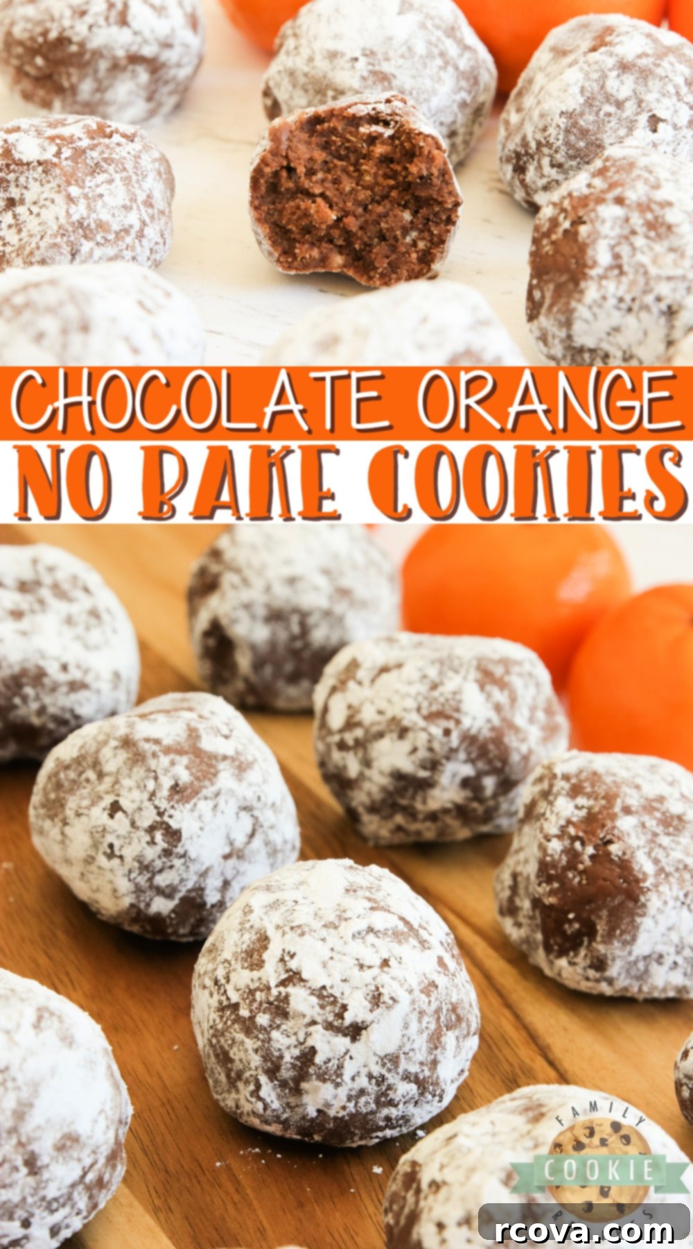 Effortless Chocolate Orange No-Bake Delights 8 A stunning arrangement of Chocolate Orange No Bake Cookies, dusted with powdered sugar, creating an inviting and irresistible visual for a quick and easy dessert.