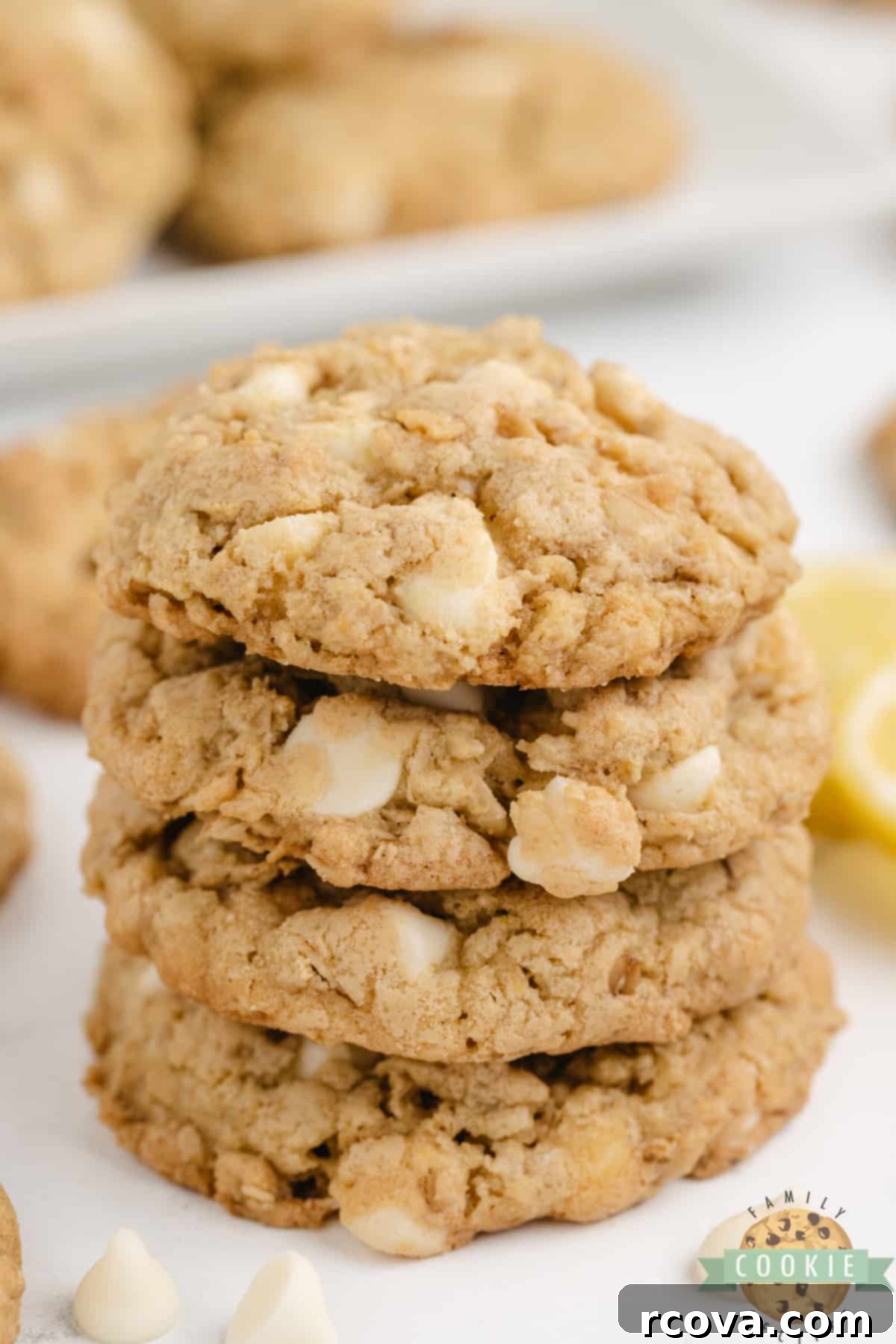 Zesty Lemon Oat Cookies 15 Stack of lemon oatmeal cookies.