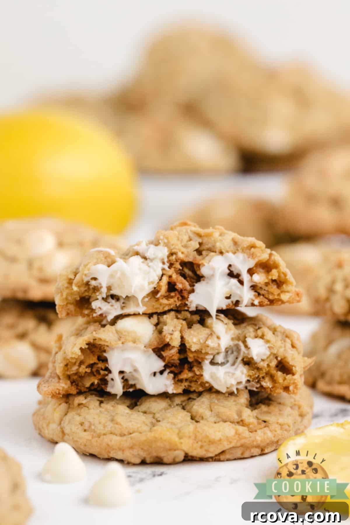 Zesty Lemon Oat Cookies 3 Lemon cookies made with oats and white chocolate chips.