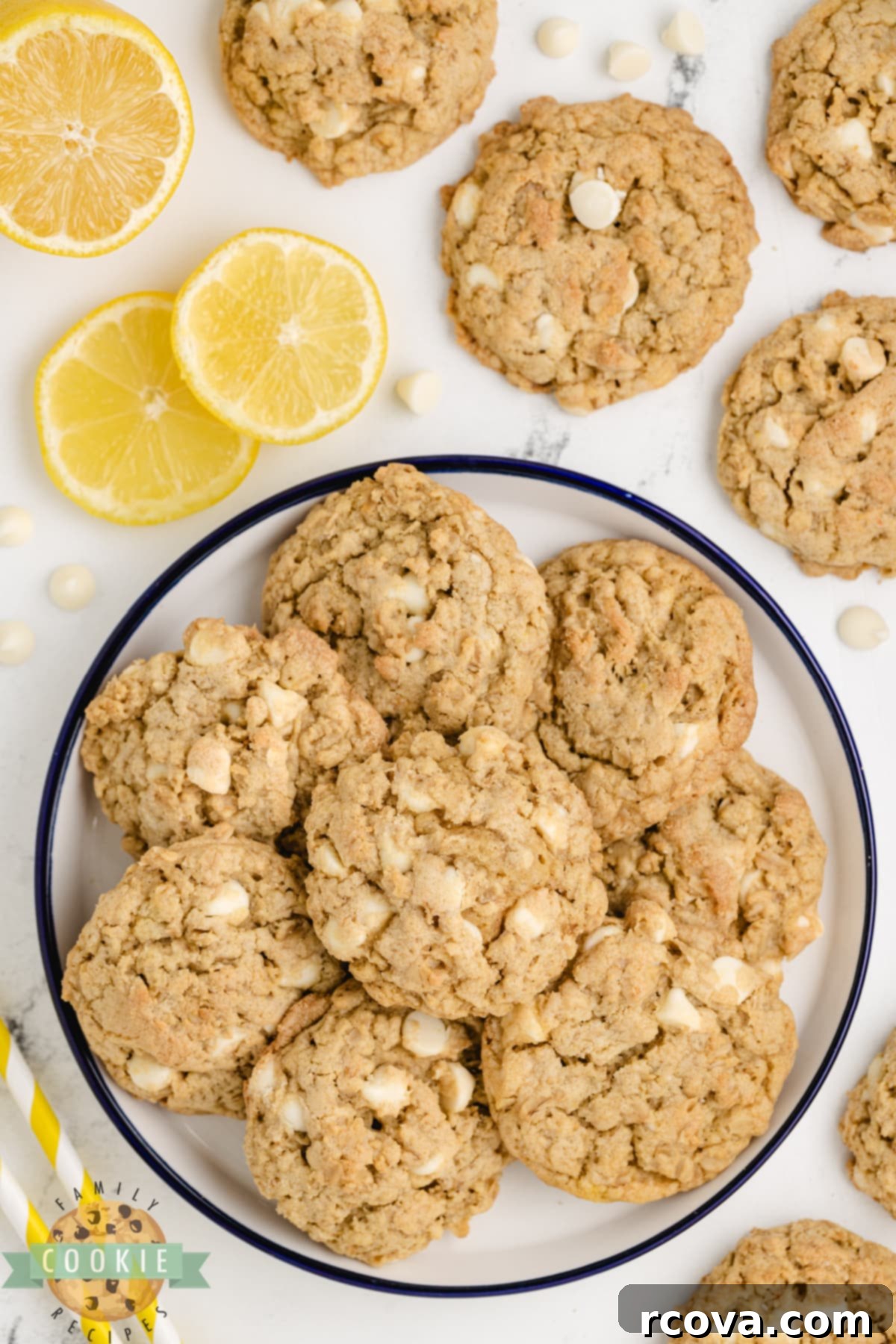 Zesty Lemon Oat Cookies 4 Oatmeal cookies made with lemon pudding and white chocolate chips.