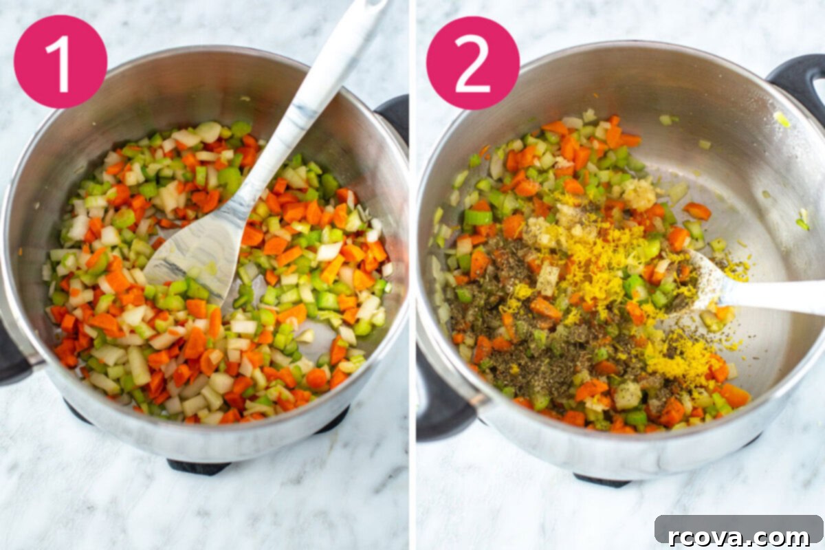 Hearty Chickpea Soup Your Way 5 Steps 1 and 2 for making chickpea soup: saute vegetables then add seasonings.