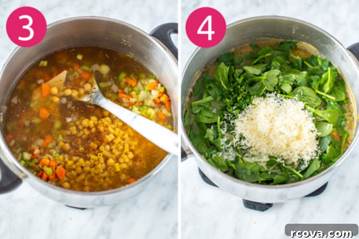 Hearty Chickpea Soup Your Way 6 Steps 3 and 4 for making chickpea soup: add broth, pasta, and chickpeas then stir in spinach and parmesan.