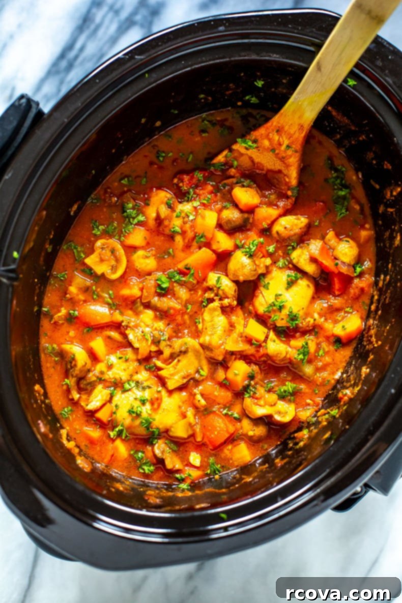 Deliciously Healthy Mushroom Recipes 11 Slow Cooker Chicken Cacciatore served with pasta.