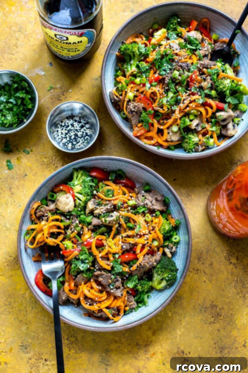 Deliciously Healthy Mushroom Recipes 16 30-Minute Ginger Beef Sweet Potato Noodles in a bowl.