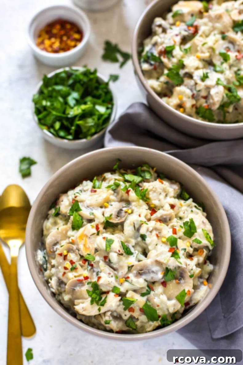 Deliciously Healthy Mushroom Recipes 21 Instant Pot Cream of Mushroom Chicken served with rice.