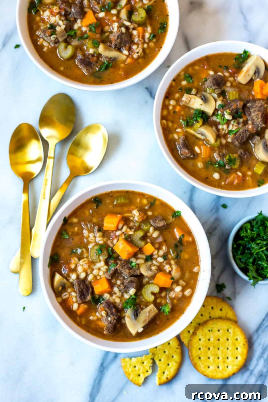 Deliciously Healthy Mushroom Recipes 26 Instant Pot Beef Barley Soup, a freezer-friendly, hearty meal.