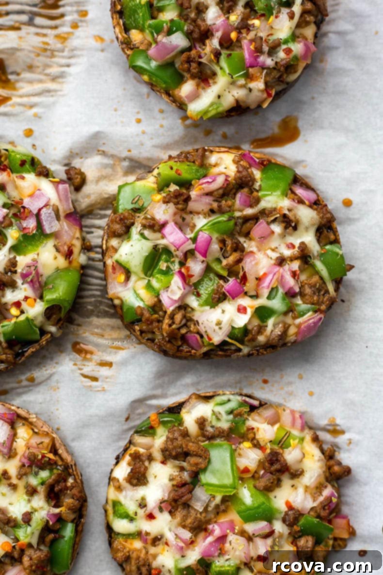 Deliciously Healthy Mushroom Recipes 5 Easy Pizza Stuffed Portobello Mushrooms with melted cheese and pepperoni.