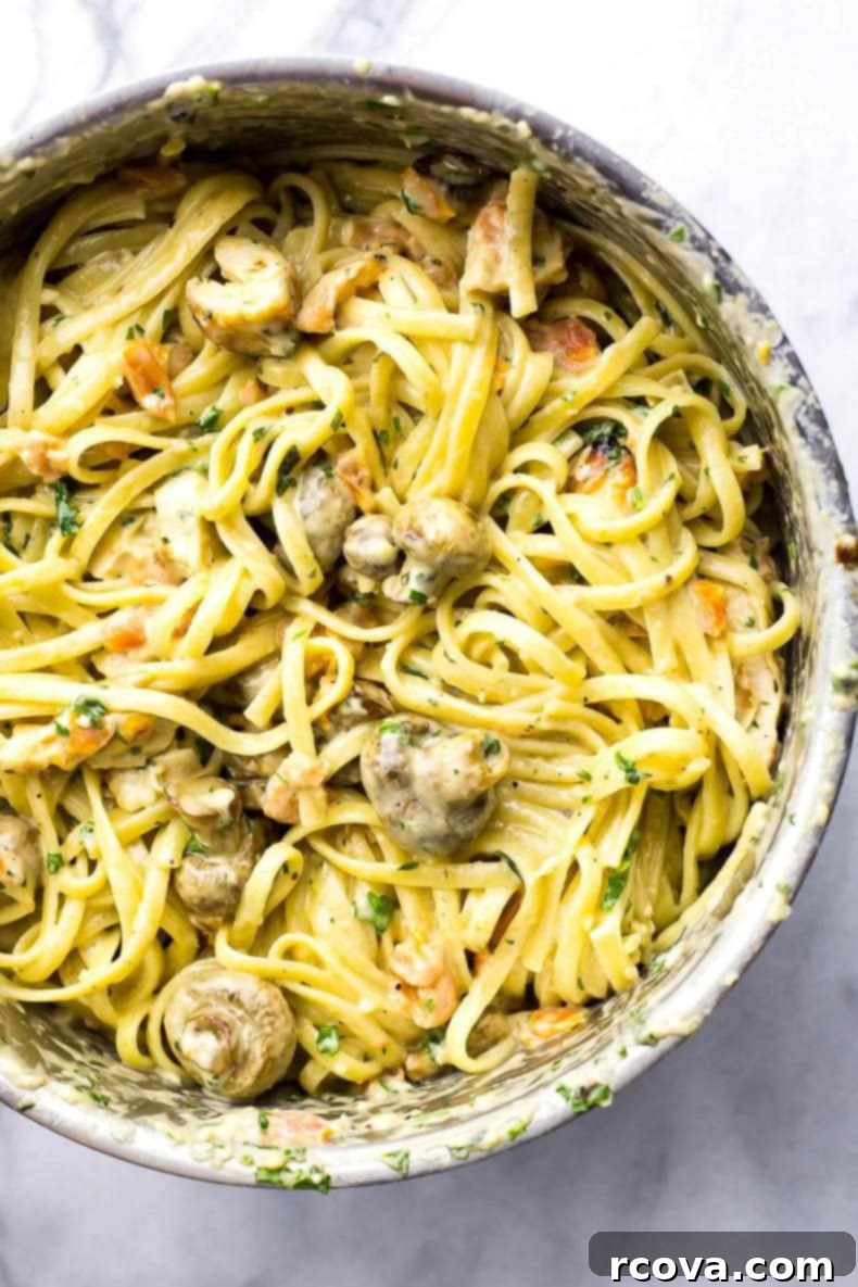 Deliciously Healthy Mushroom Recipes 8 Creamy Linguine Chicken Tetrazzini with mushrooms and bruschetta.