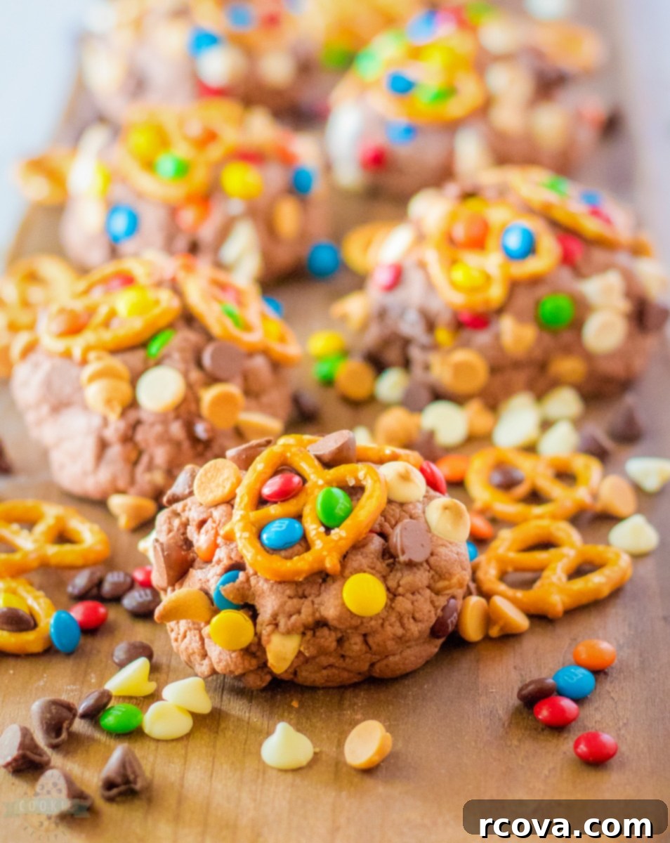 Pantry Raid Cookies 2 Large chocolate kitchen sink cookie with various mix-ins visible.
