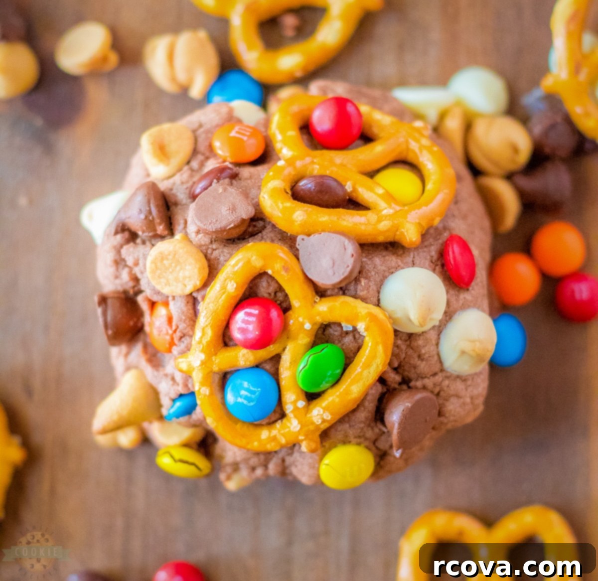 Pantry Raid Cookies 3 Close-up of a kitchen sink cookie displaying pretzels and chocolate chips.