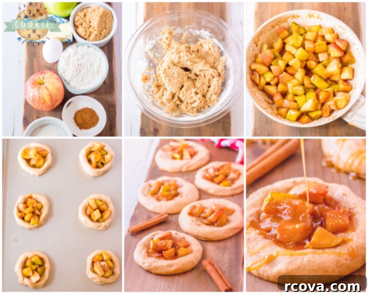 Spiced Apple Pie Gems 5 Step-by-step image showing how to make apple pie cookies, with dough balls and a bowl of apple filling.