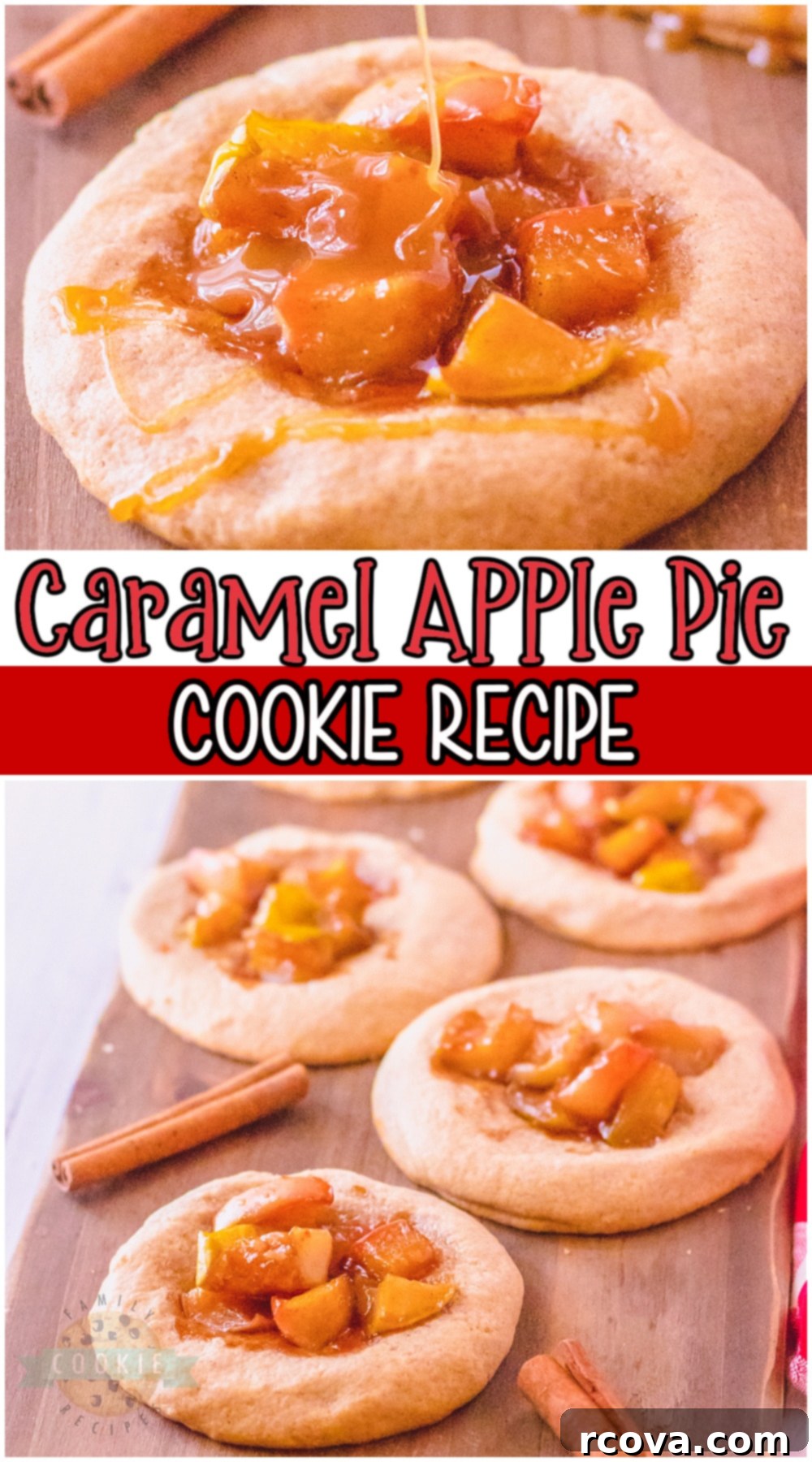 Spiced Apple Pie Gems 8 A Pinterest-optimized image showcasing several Caramel Apple Pie Cookies with caramel drizzles.
