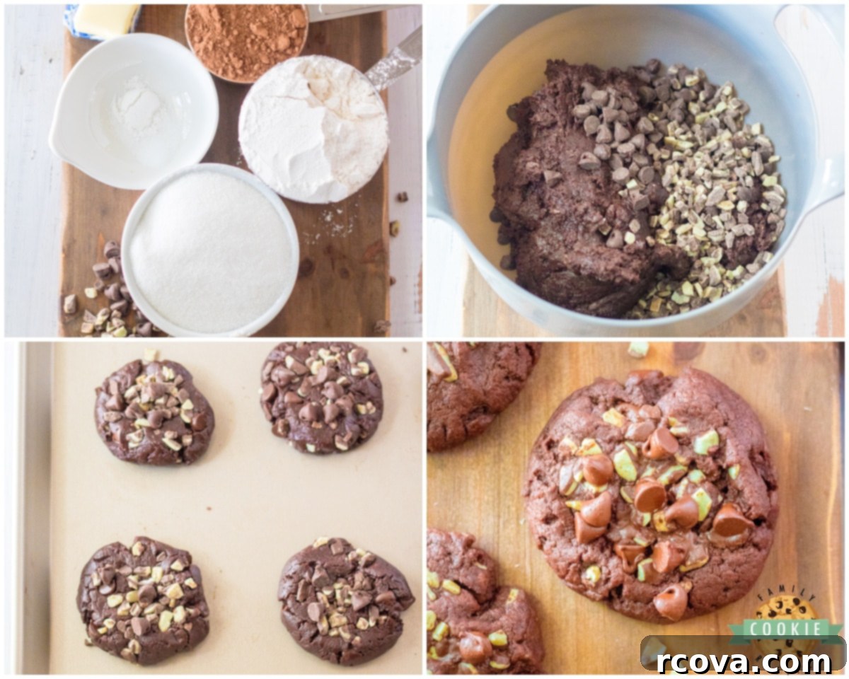Minty Chocolate Brownie Delights 5 A step-by-step image showing the process of making mint brownie cookies, including mixing ingredients and shaping dough.