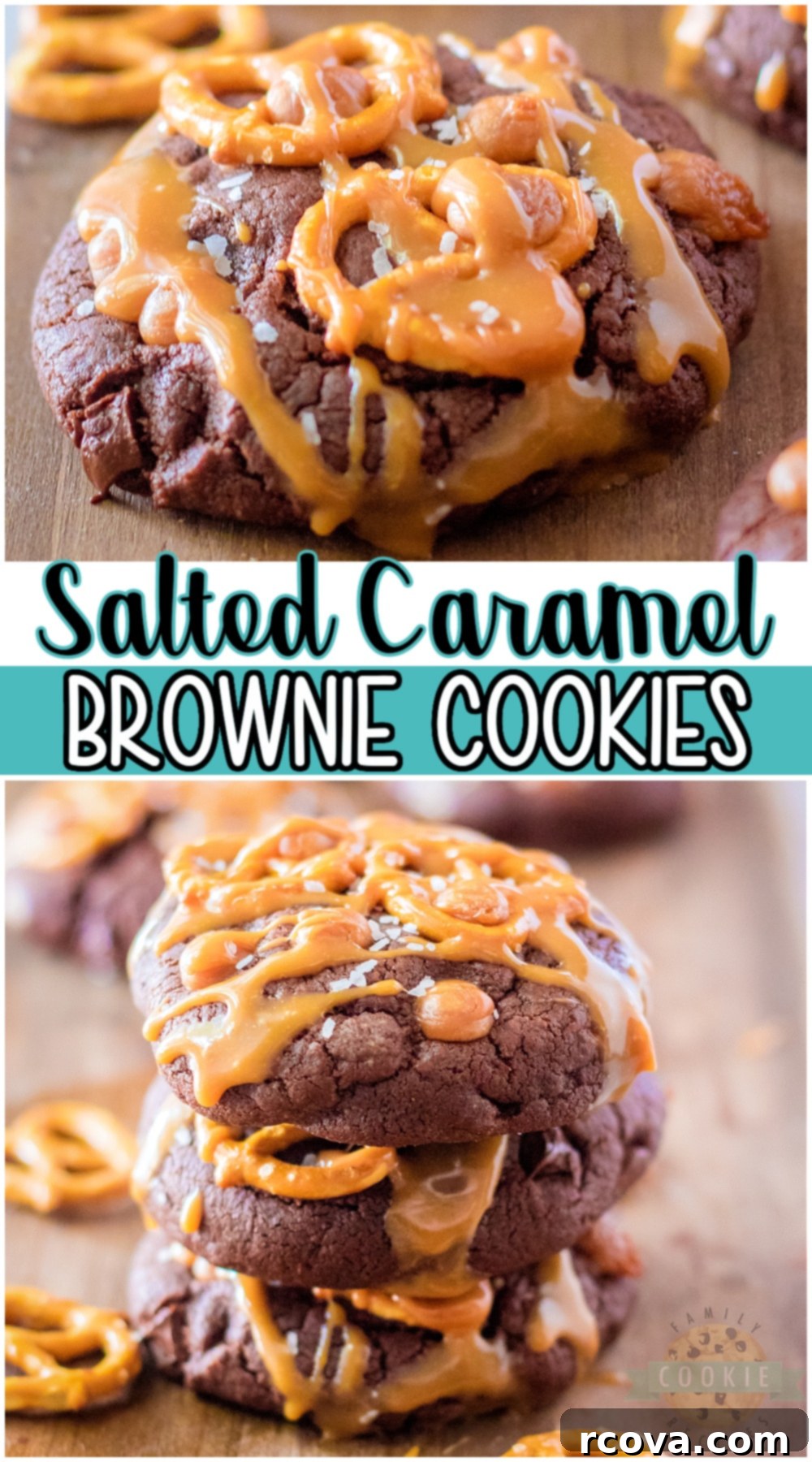 Fudgy Salted Caramel Brownie Cookies 11 Pinterest pin graphic for Salted Caramel Brownie Cookies recipe.
