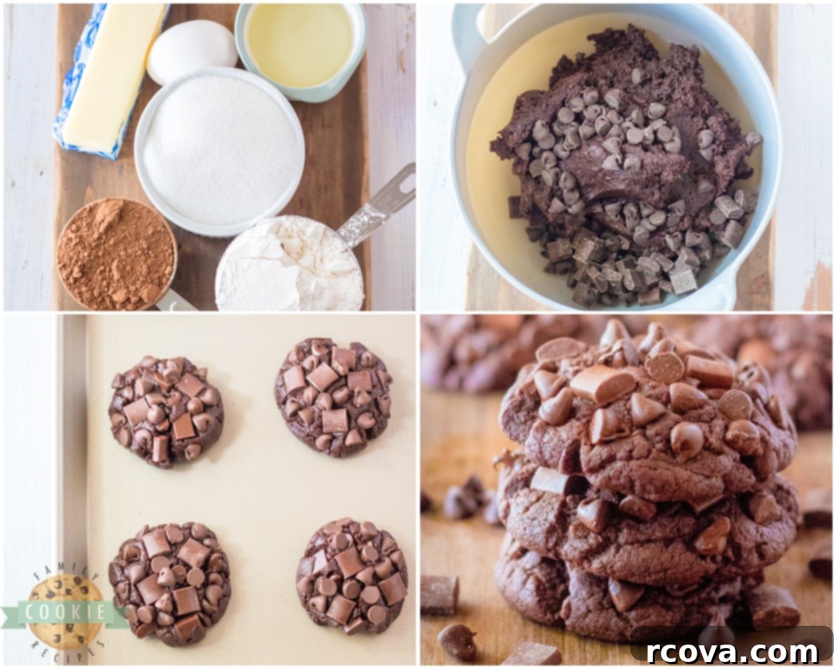 Ultimate Brownie Cookies 5 An array of raw ingredients for chocolate brownie cookies, including cocoa, sugar, butter, and various chocolate types, meticulously laid out on a clean surface.