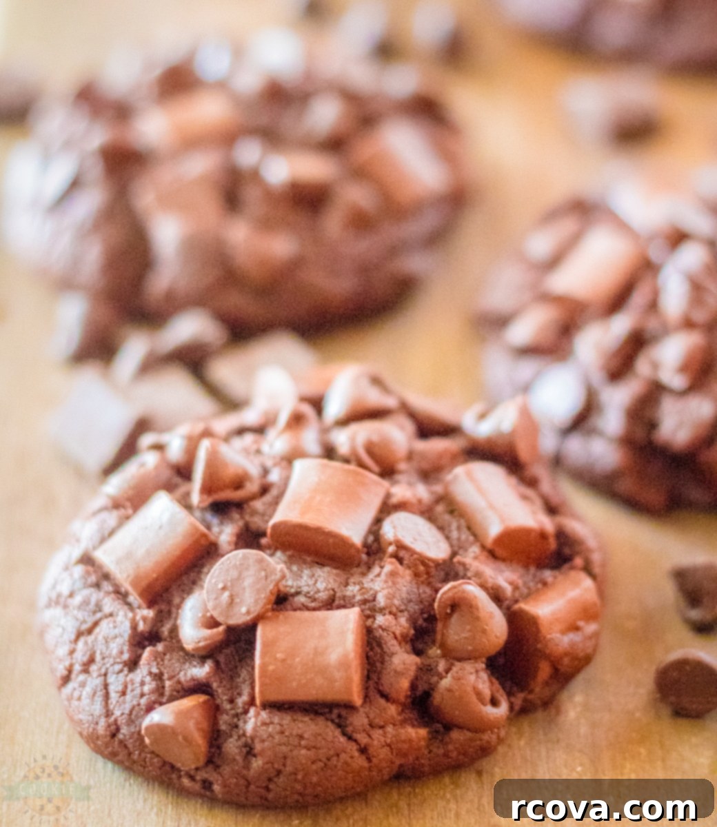 Ultimate Brownie Cookies 8 Several baked chocolate brownie cookies stacked neatly on a white plate, highlighting their rich color and inviting texture.